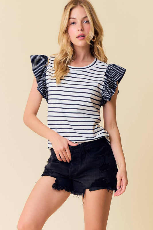 RUFFLE SLEEVE STRIPED TOP