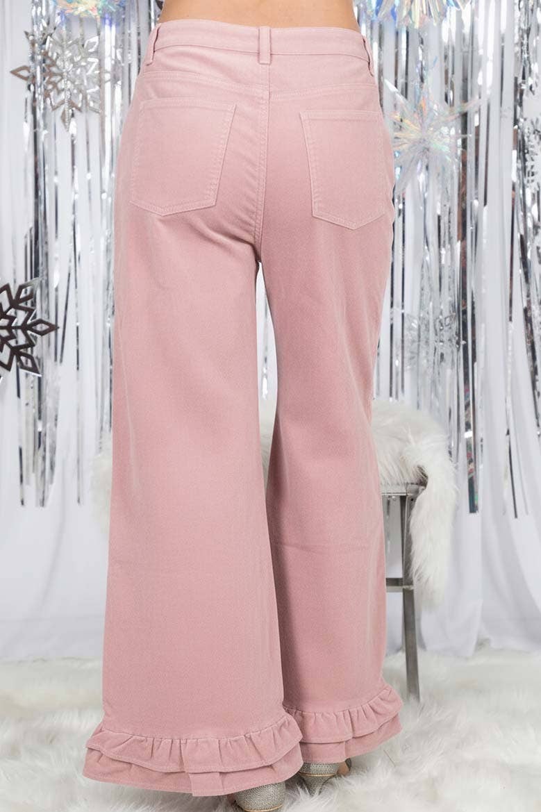 Corduroy Wide-Leg Ruffle Pants