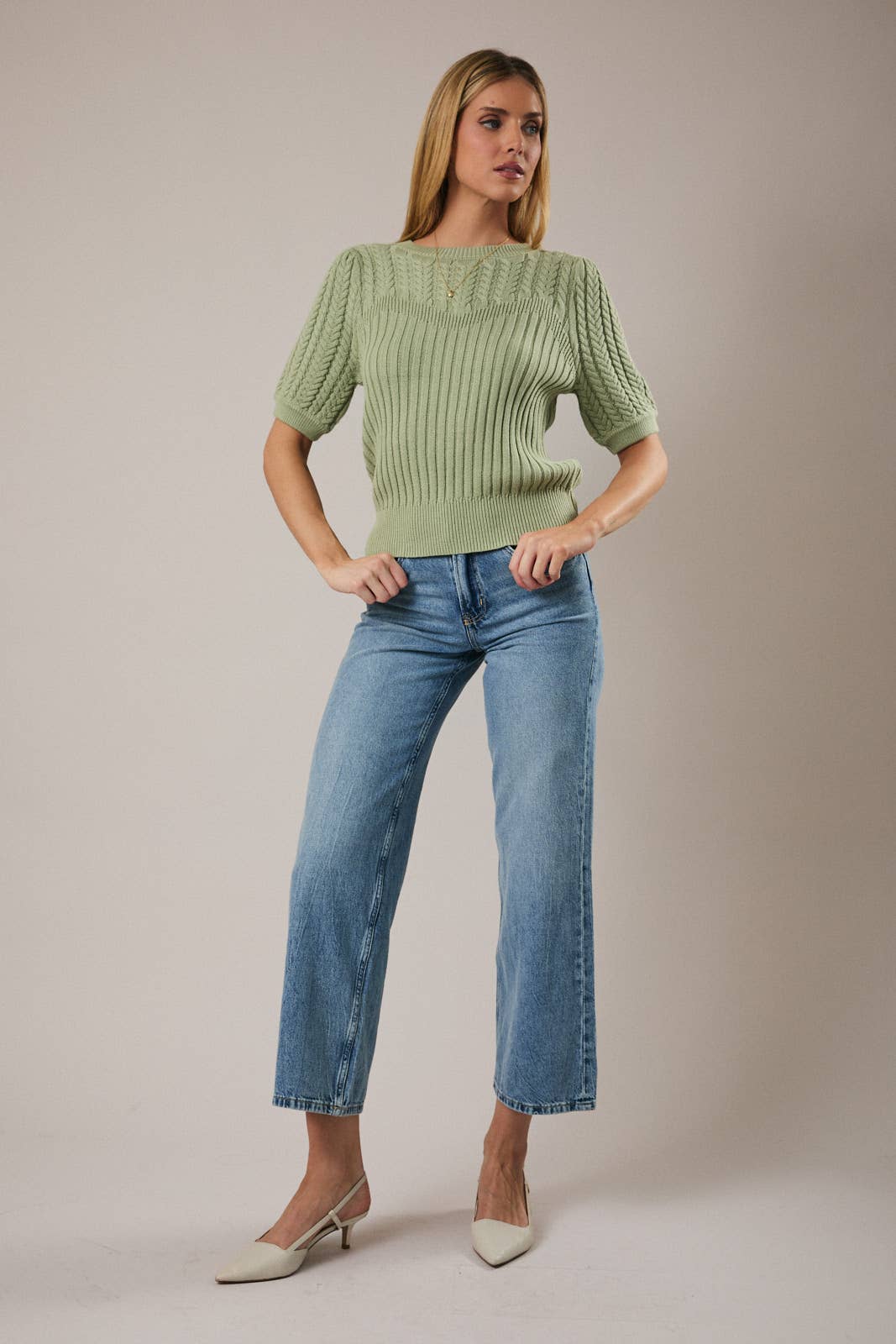PUFF SLEEVE CABLE SWEATER