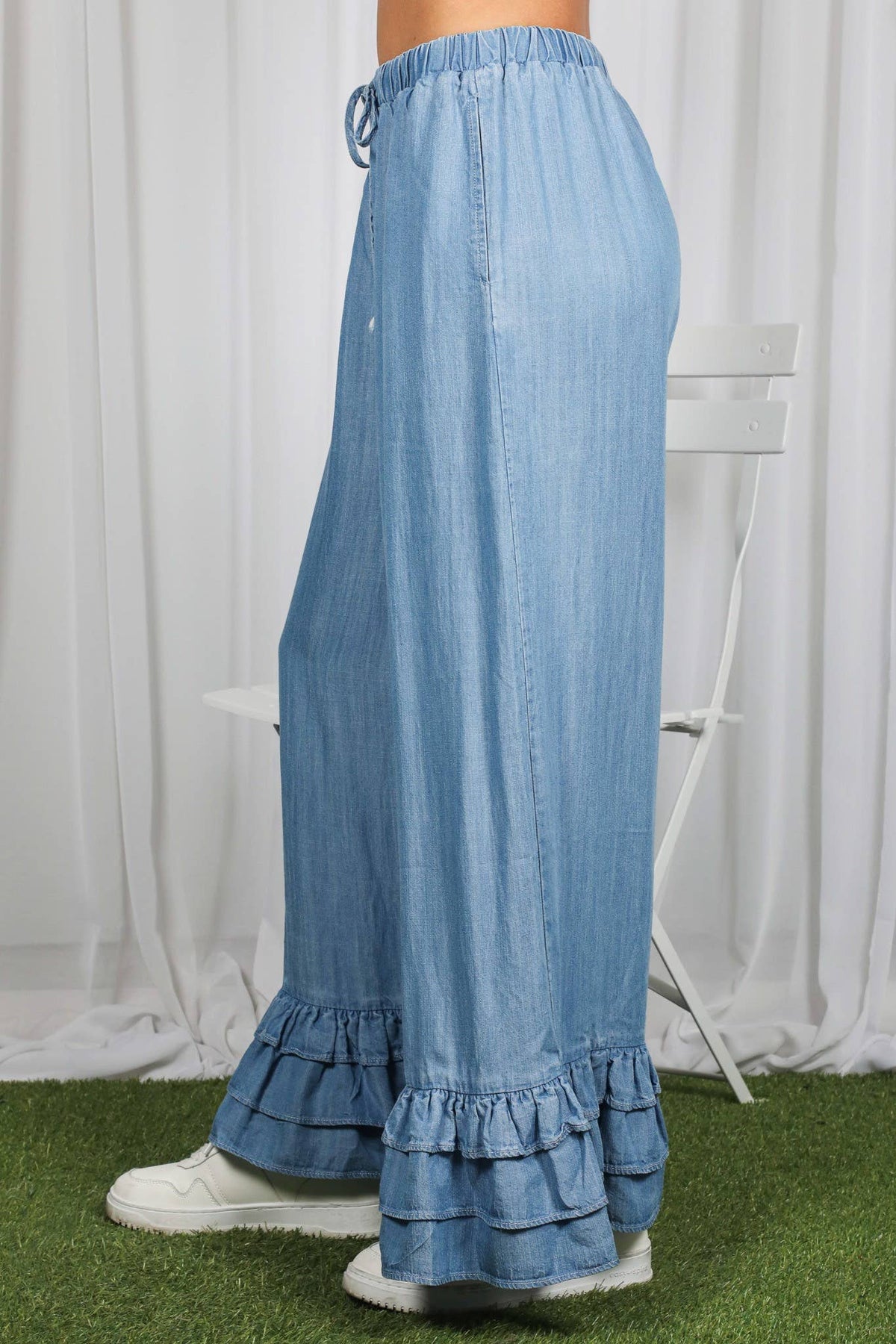 Ruffle Hem Chambray Pants