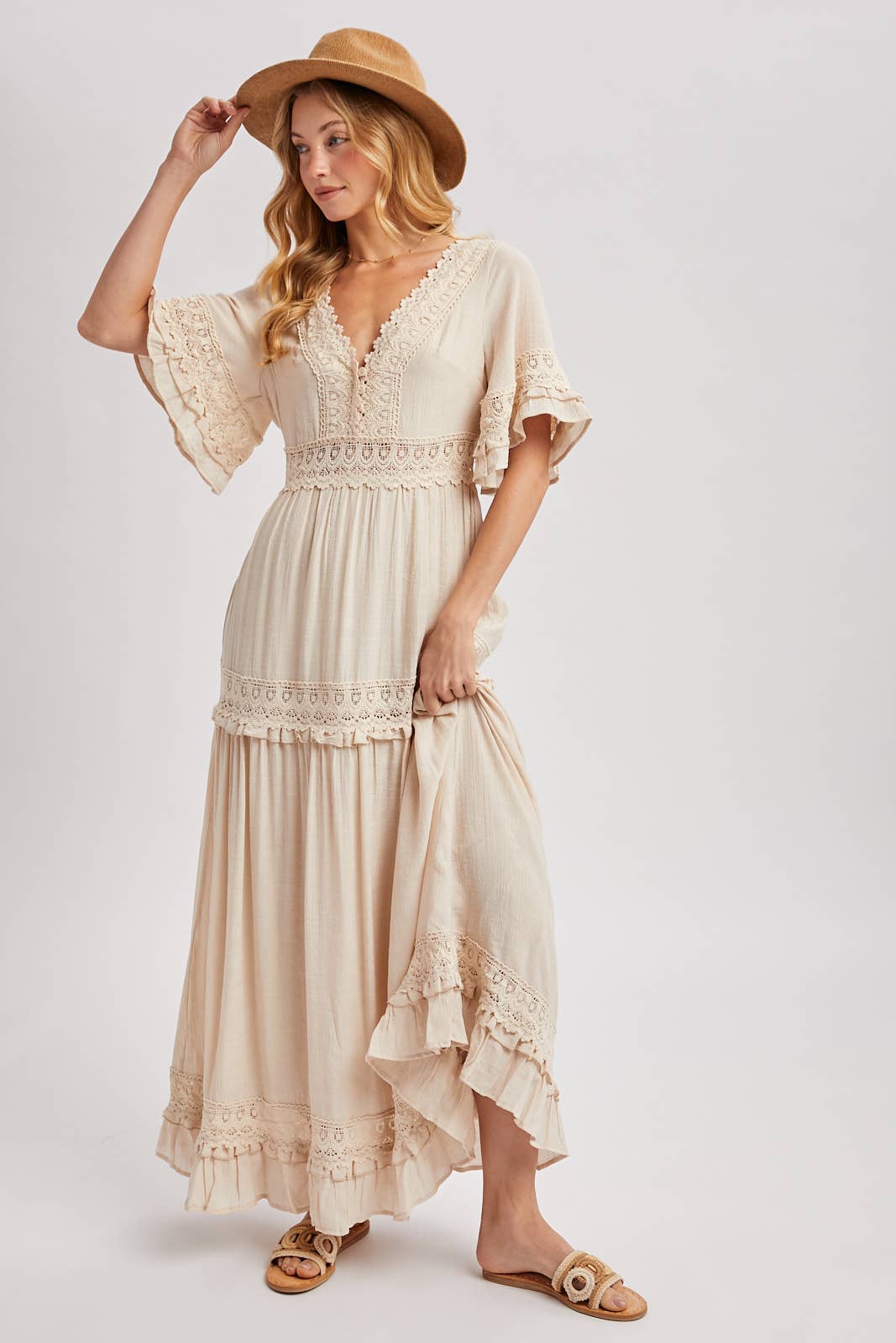 V-NECK LACE TRIM MAXI