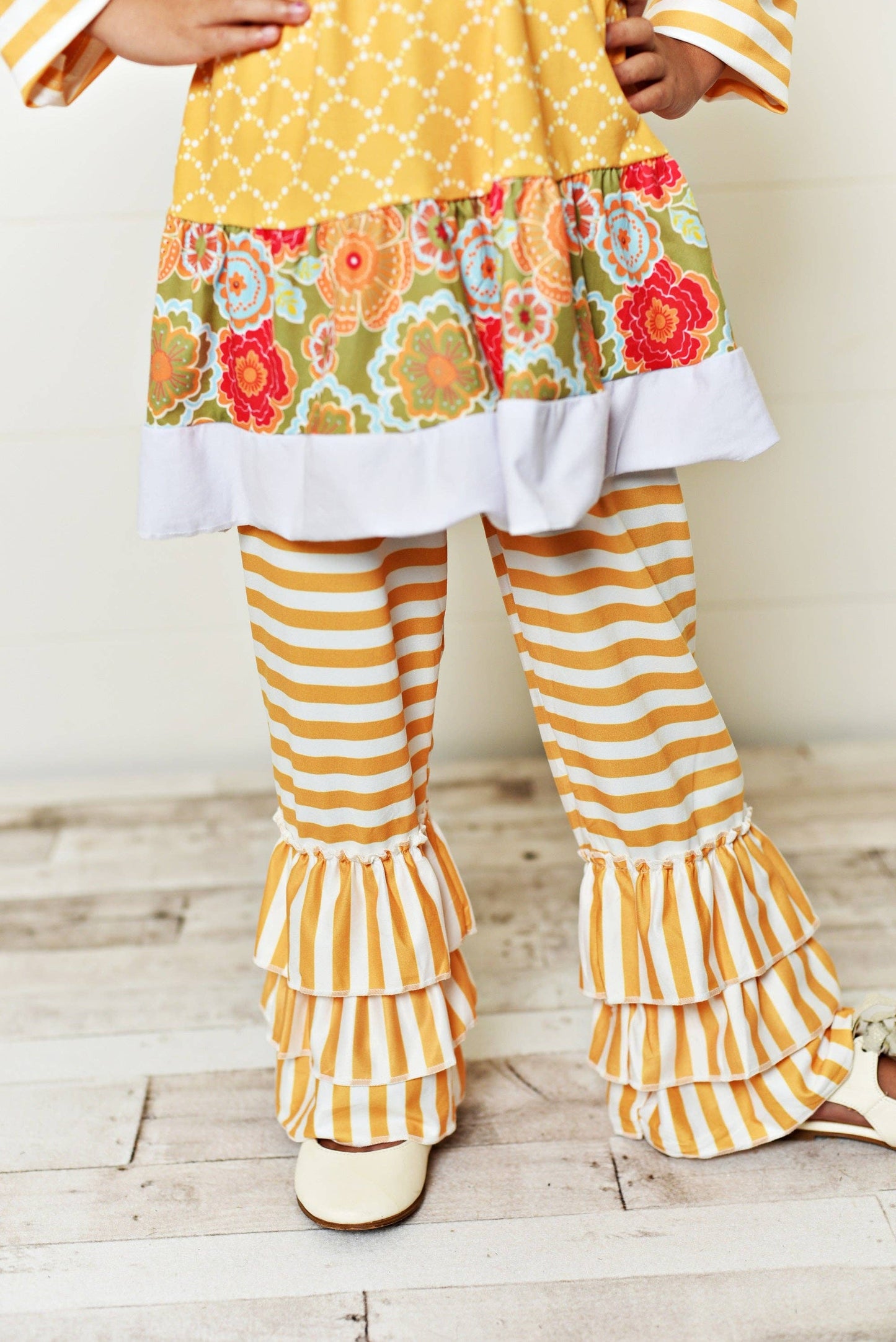 Kids Mustard Stripe Floral Tunic & Ruffle Leggings Fall Set