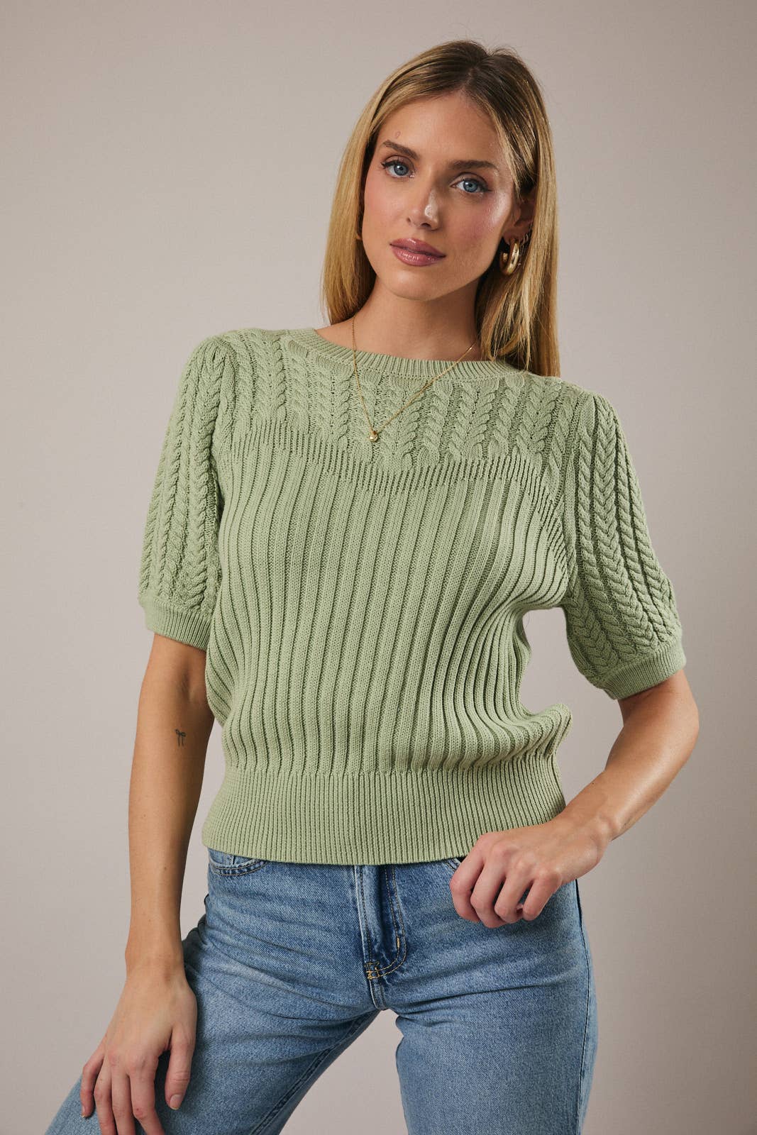 PUFF SLEEVE CABLE SWEATER