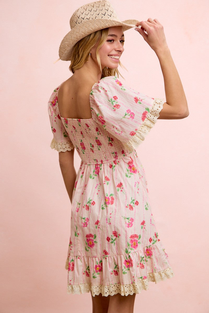 Floral Dress W/Eyelet Ruffle