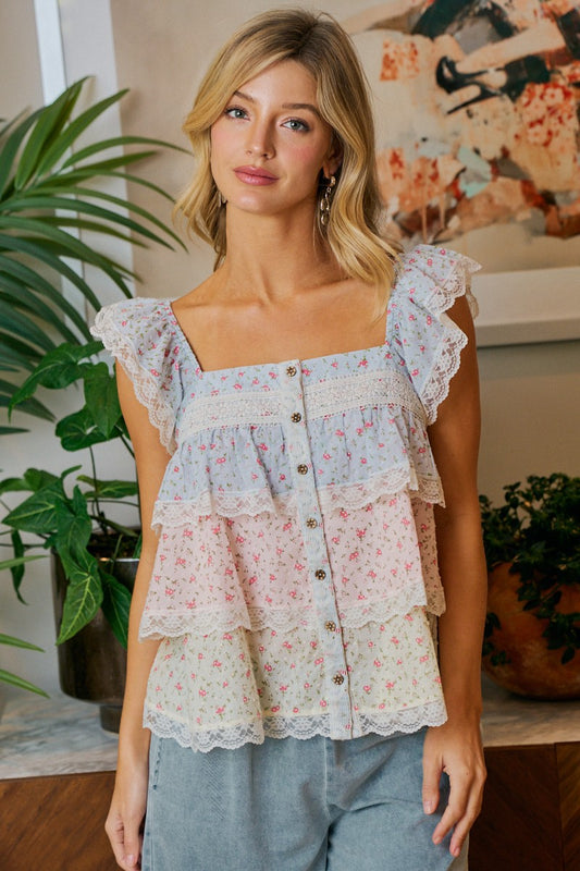 Floral Lace Trimmed Ruffled Top