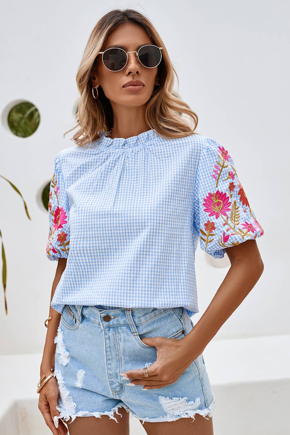 LDC Gingham Embroidered Puff Sleeve Blouse