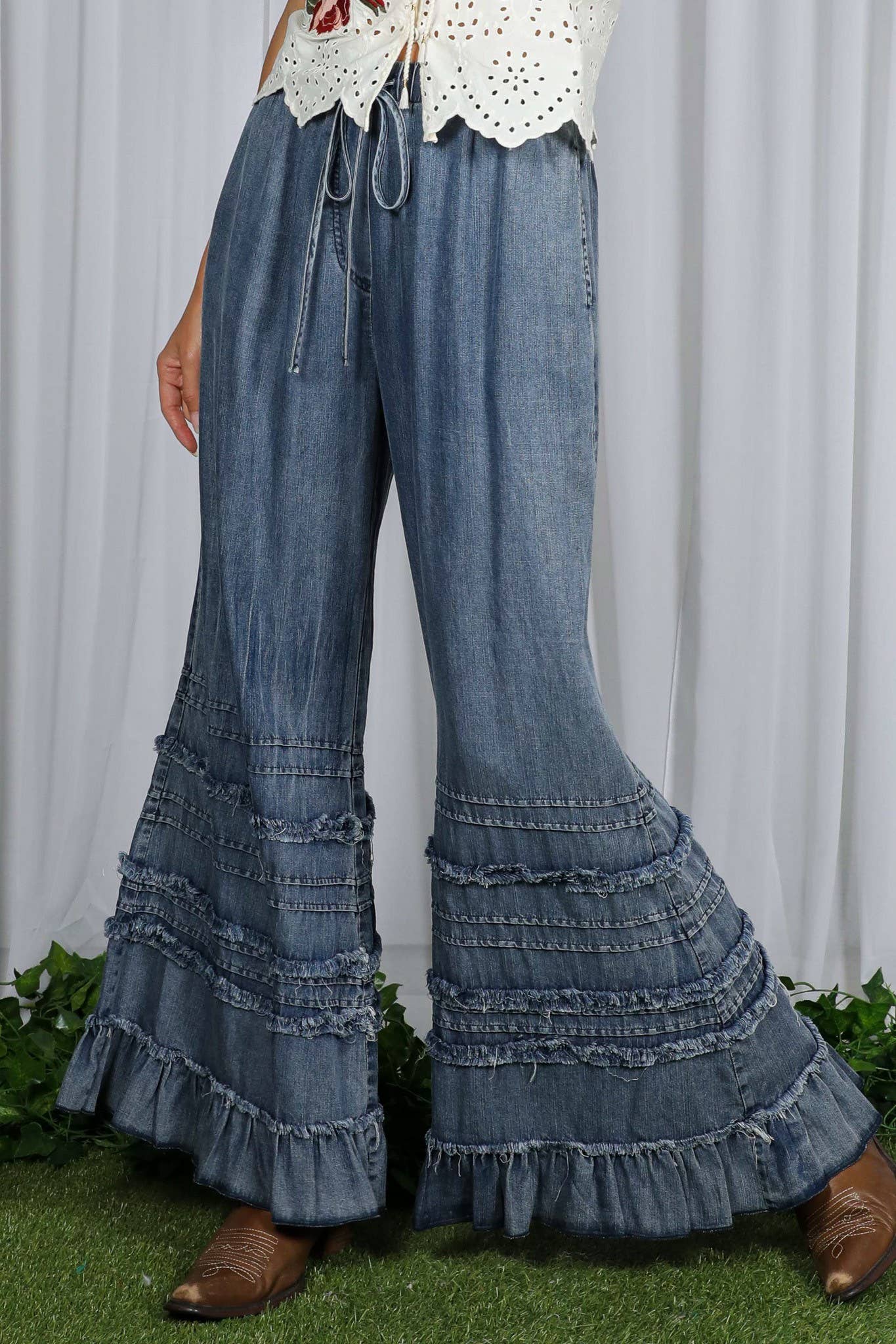 Ruffle Hem Chambray Pants