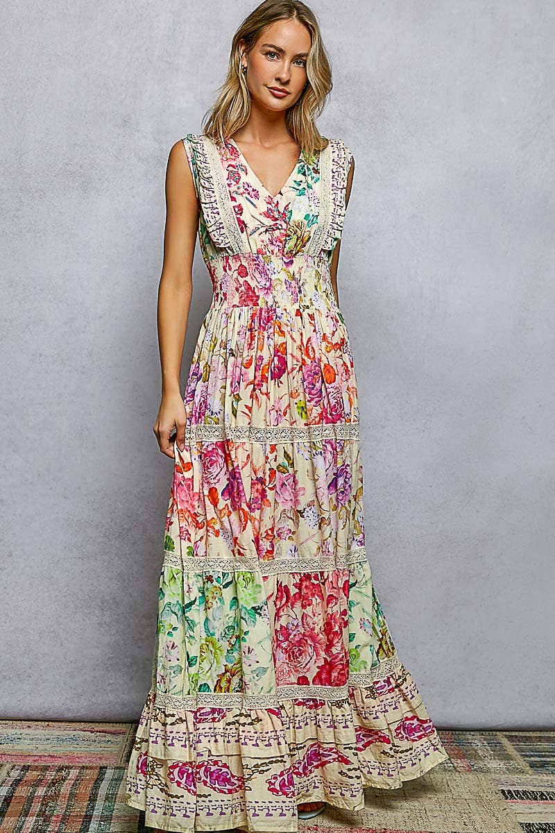 V-neck Smocked Floral Maxi Dress