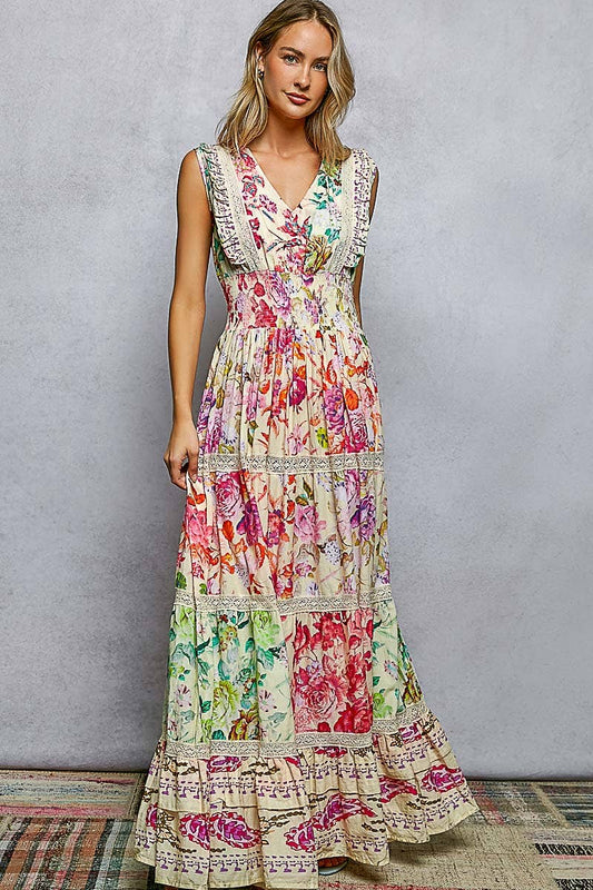 V-neck Smocked Floral Maxi Dress