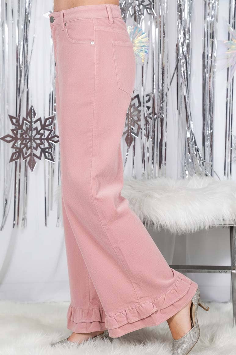 Corduroy Wide-Leg Ruffle Pants