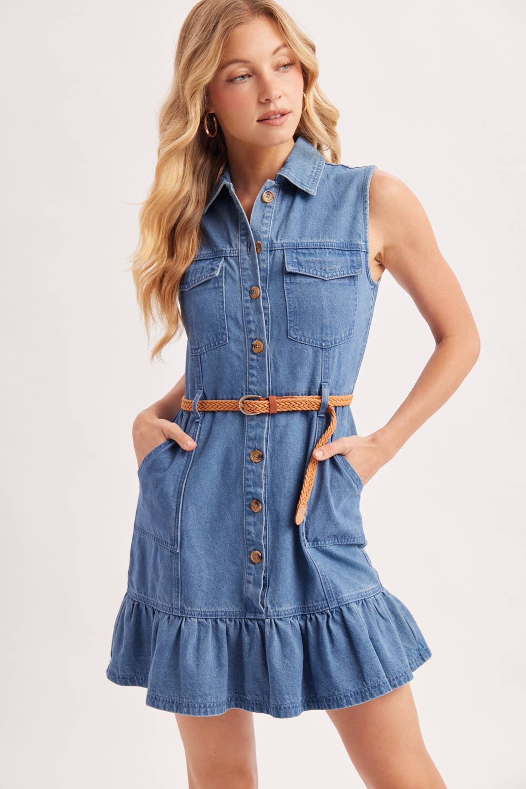 BUTTON DOWN DENIM DRESS W/BELT