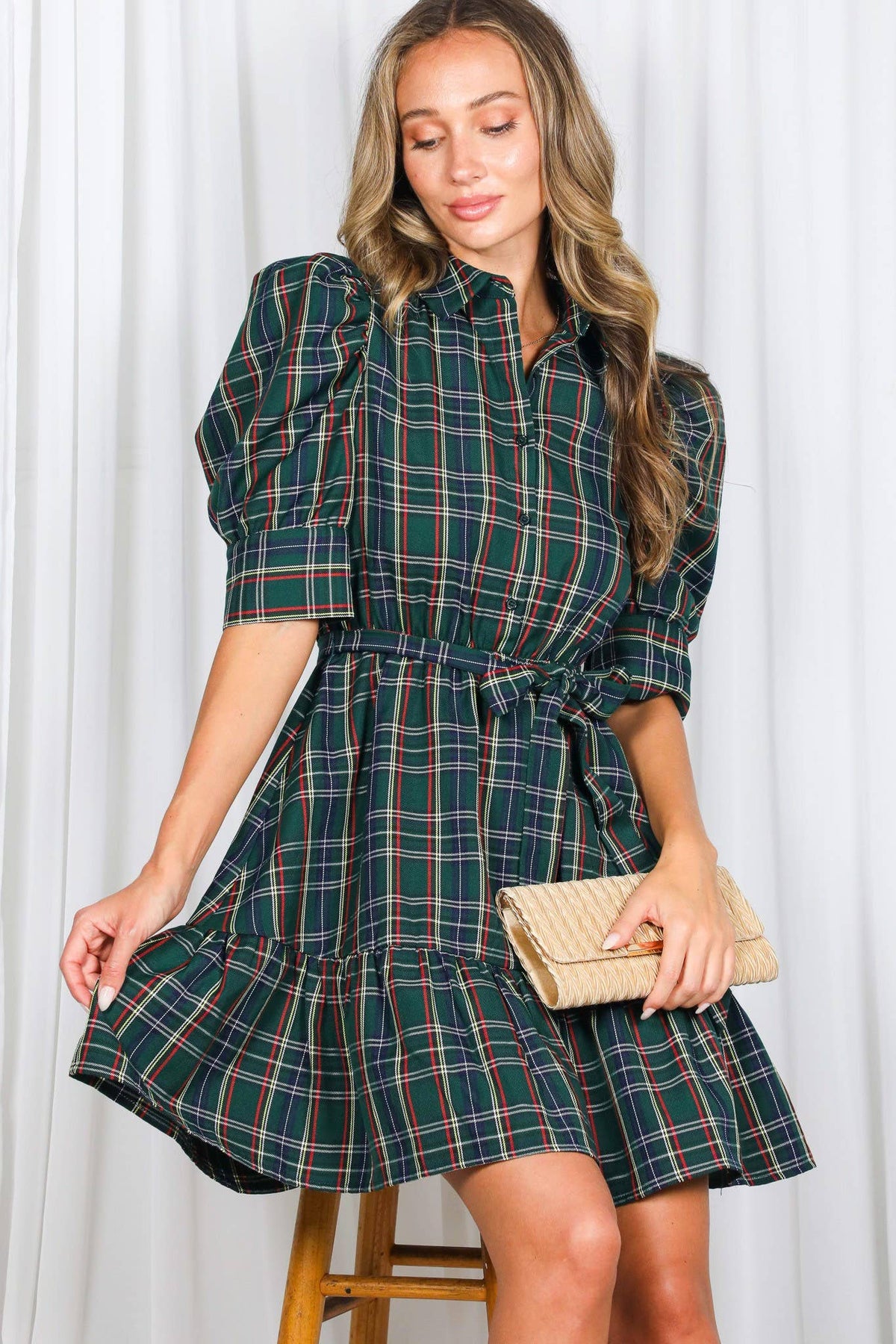 Plaid  Puff Sleeve Mini Dress