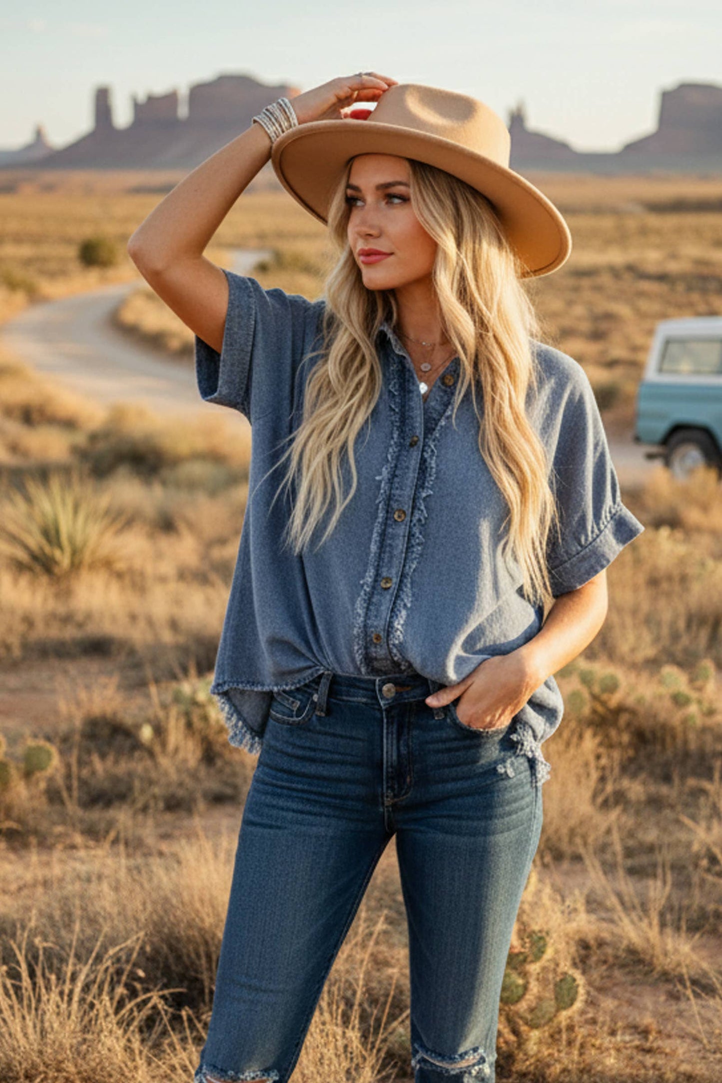 Frayed Trim Denim Top