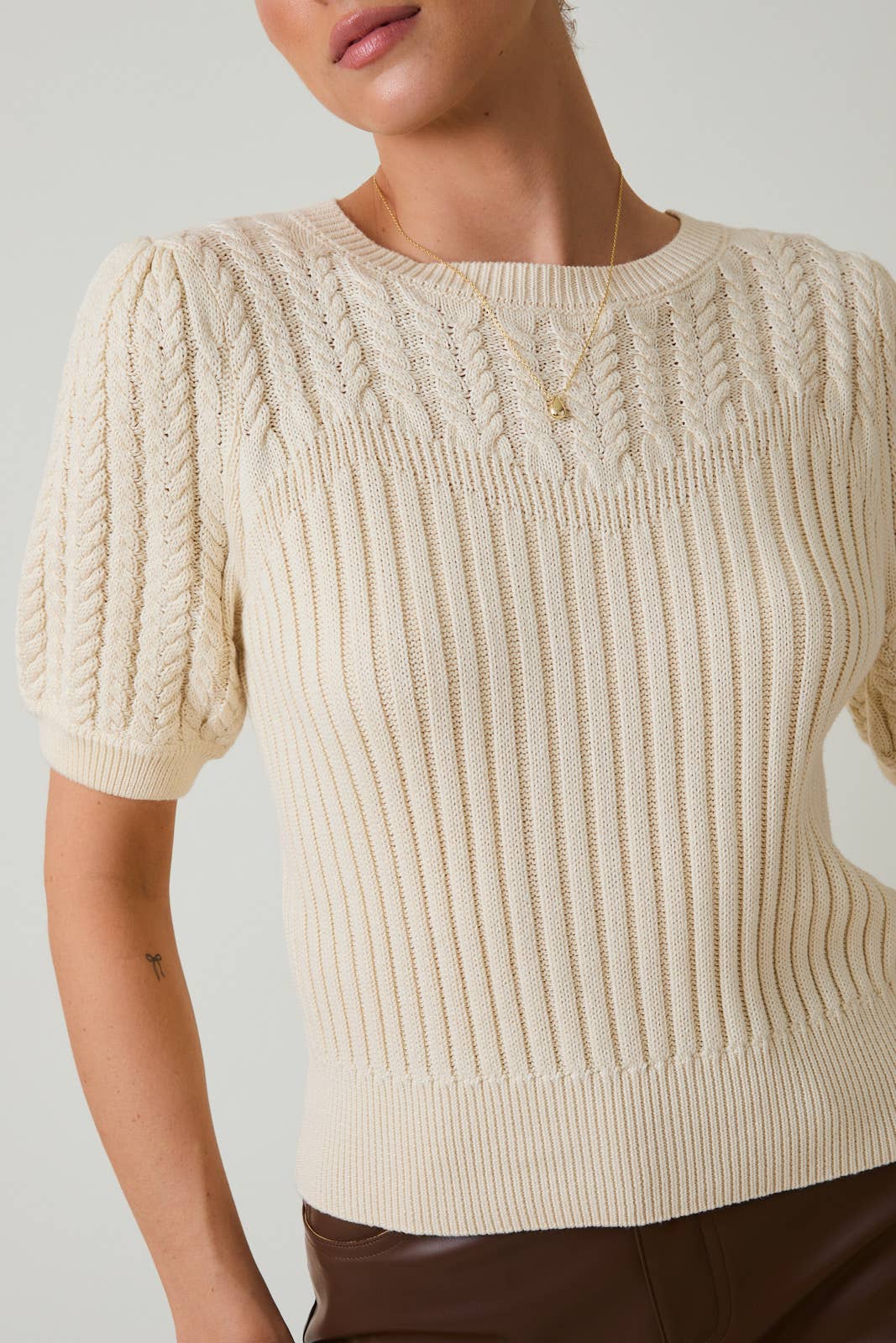 PUFF SLEEVE CABLE SWEATER