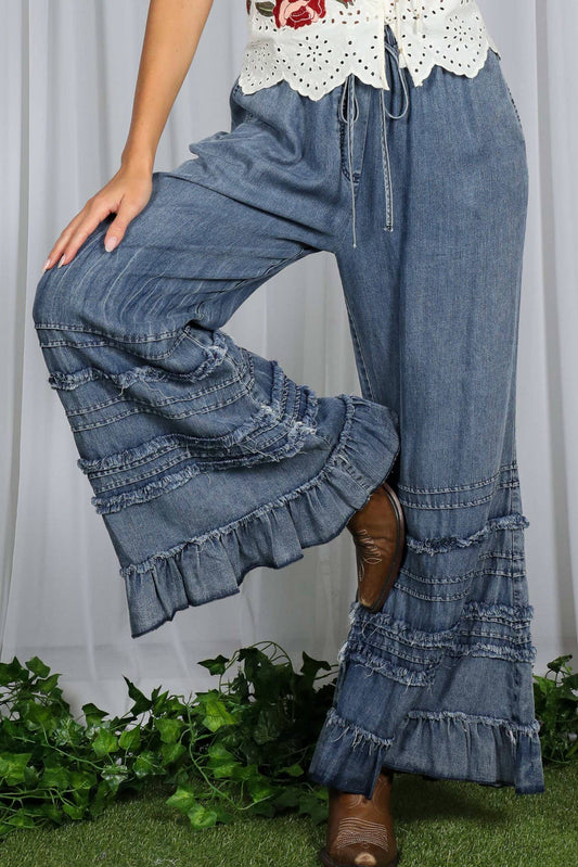 Ruffle Hem Chambray Pants