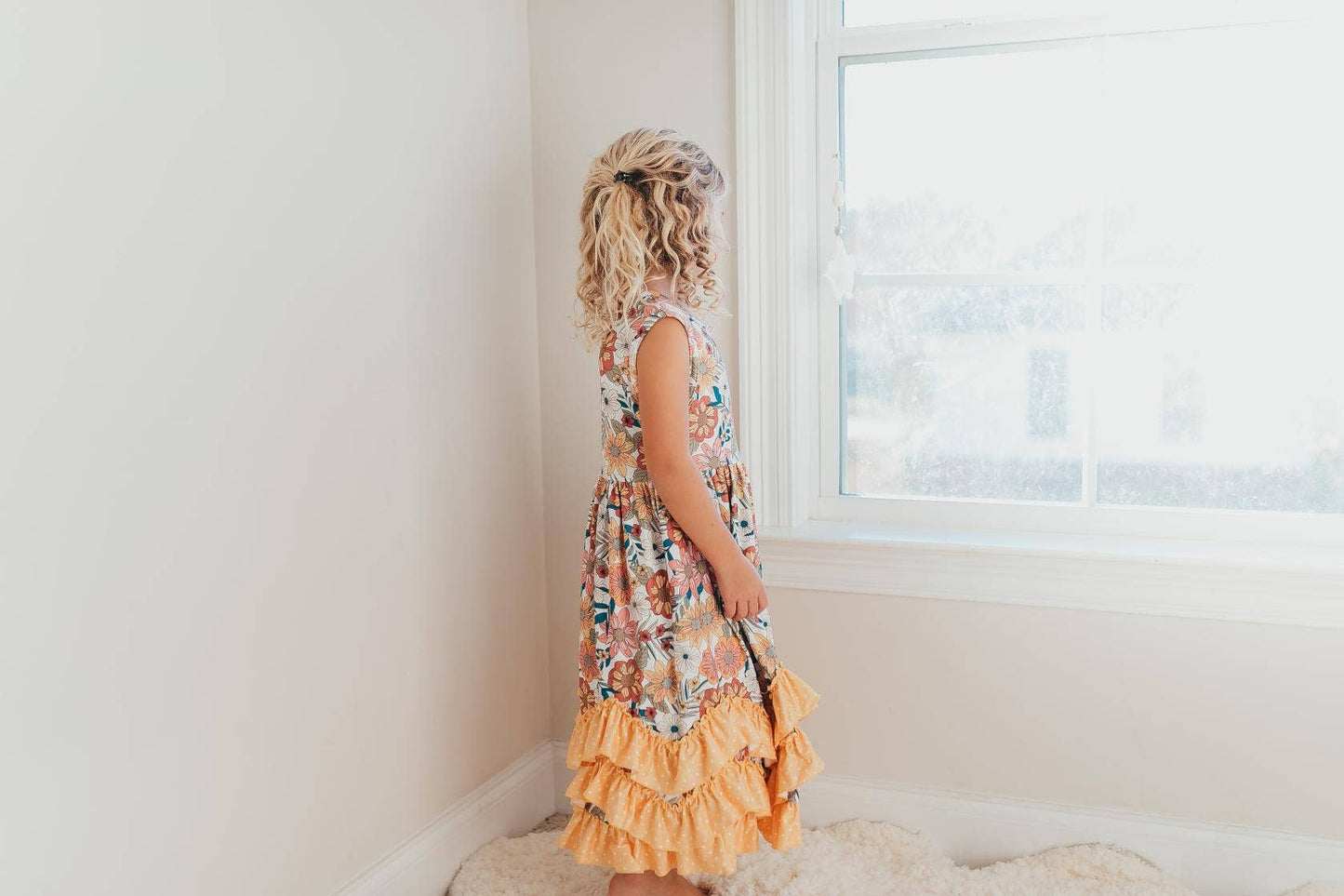 Kids Retro Butter Floral 3 Ruffle Summer Dress