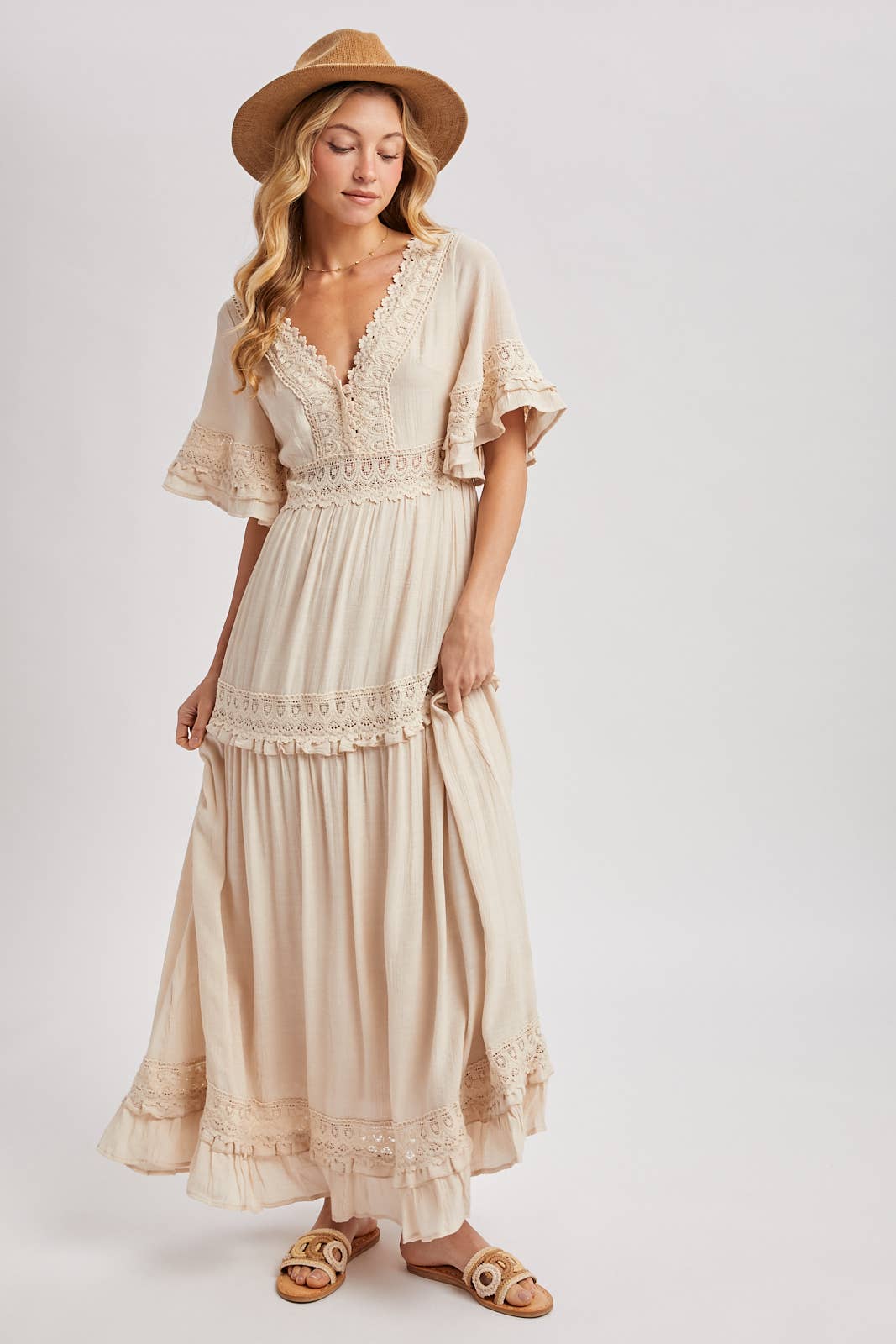V-NECK LACE TRIM MAXI
