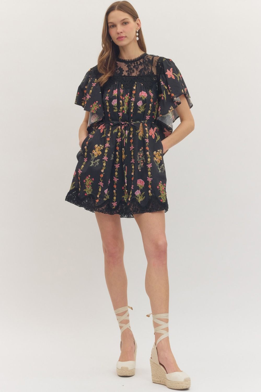 Black Floral Flutter Sleeve Dress