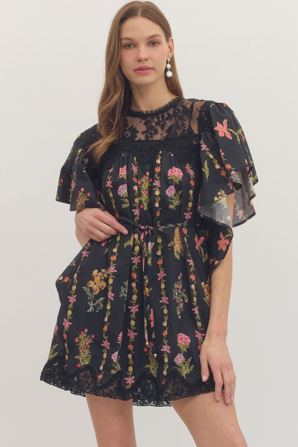 Black Floral Flutter Sleeve Dress