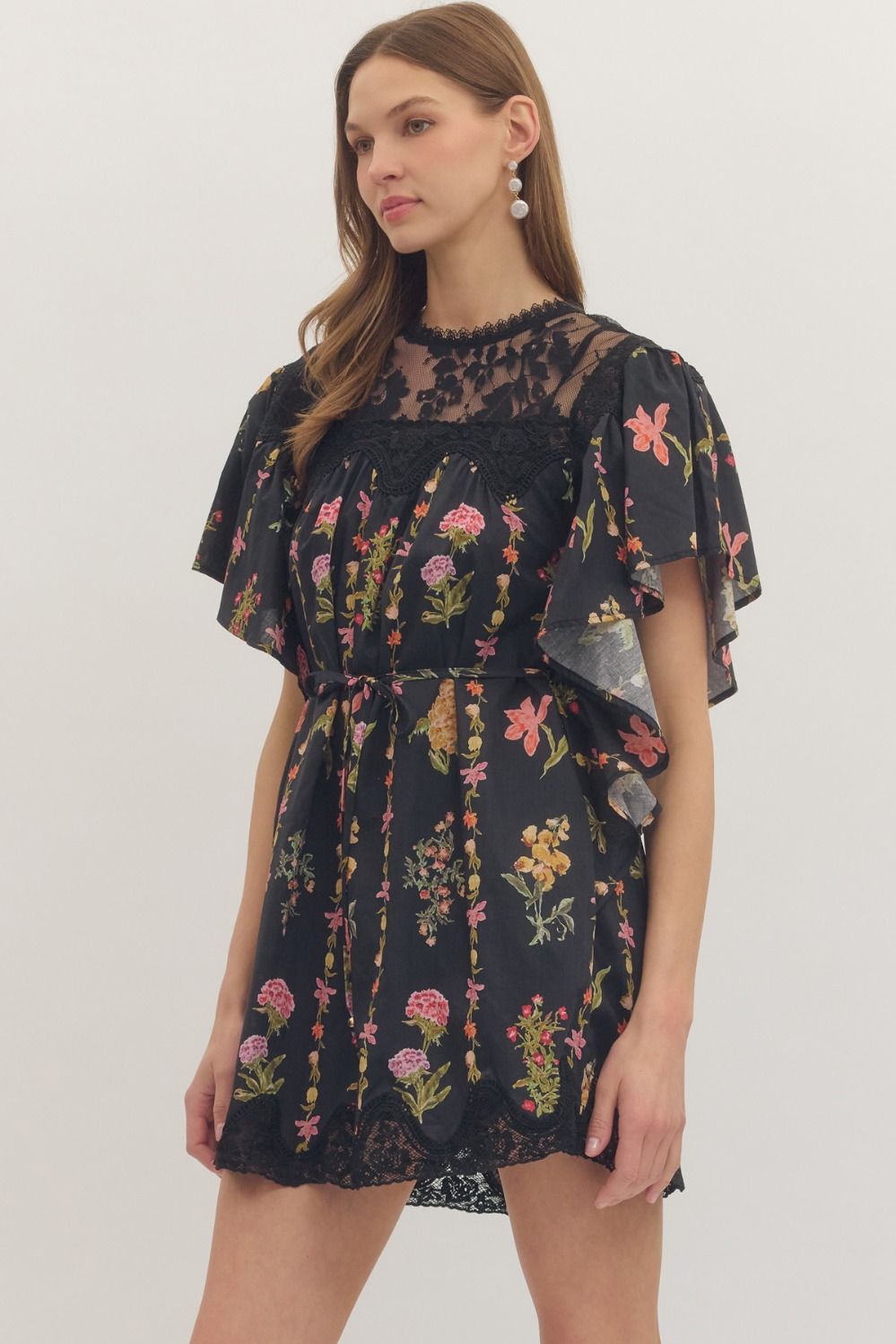 Black Floral Flutter Sleeve Dress
