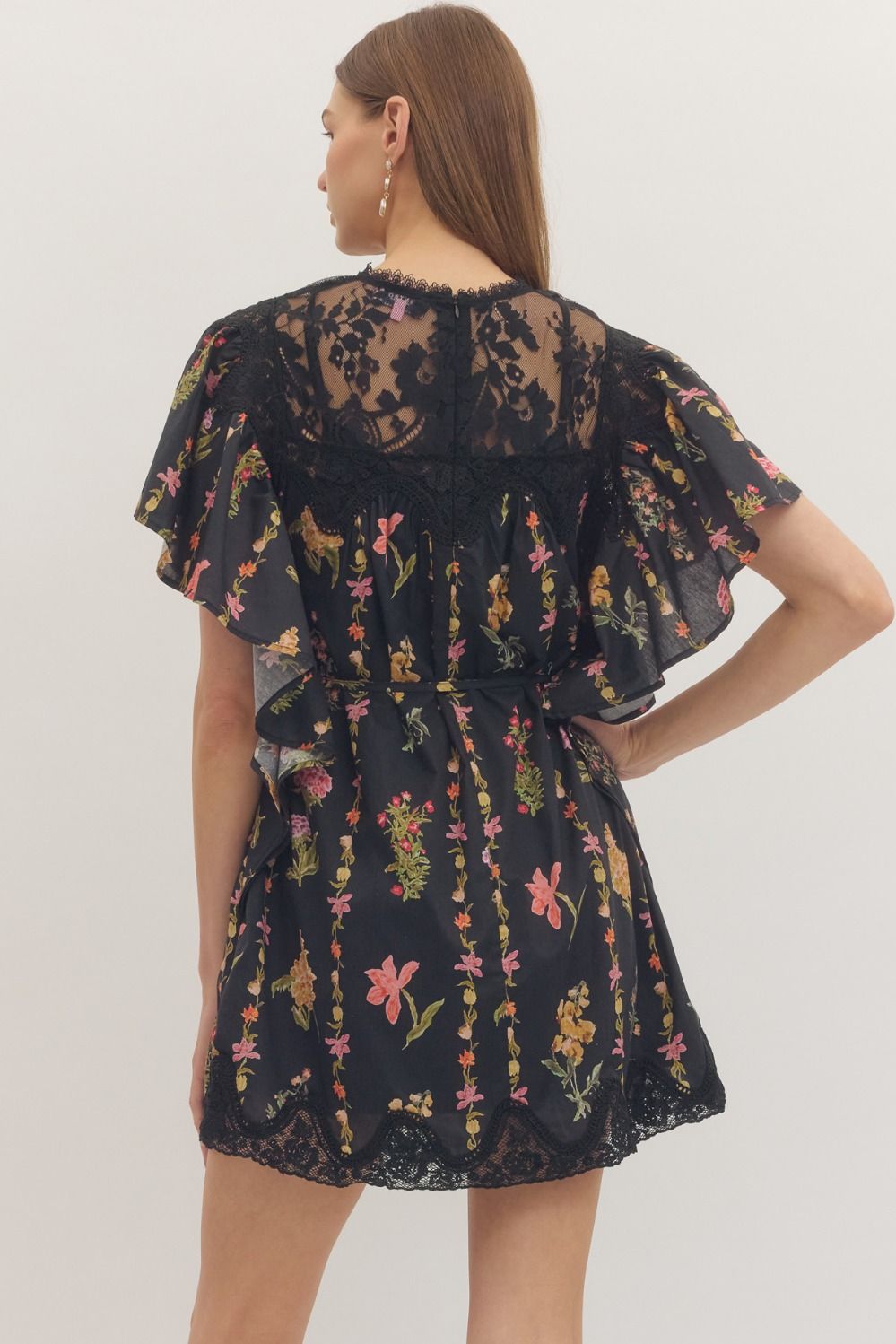 Black Floral Flutter Sleeve Dress