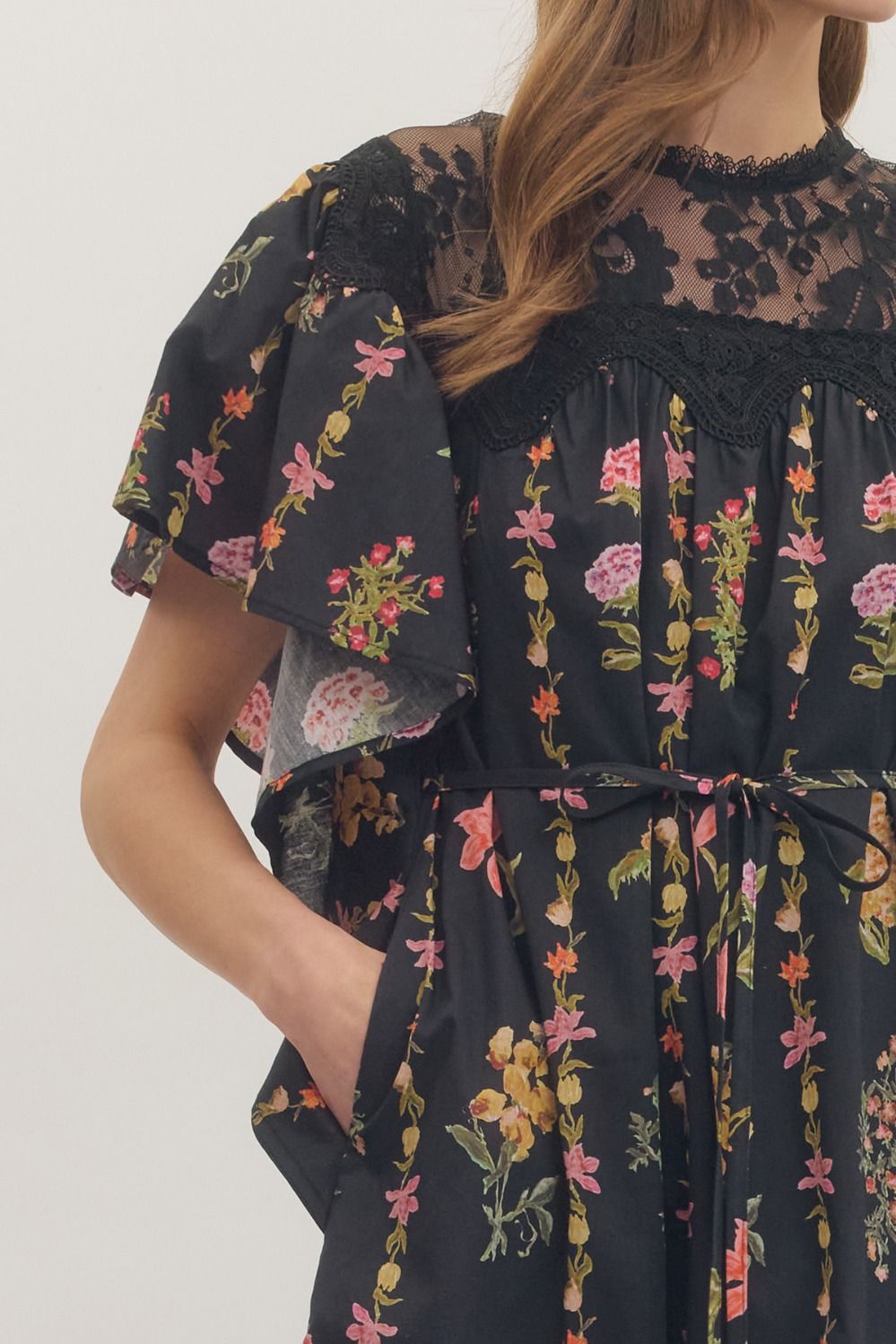 Black Floral Flutter Sleeve Dress