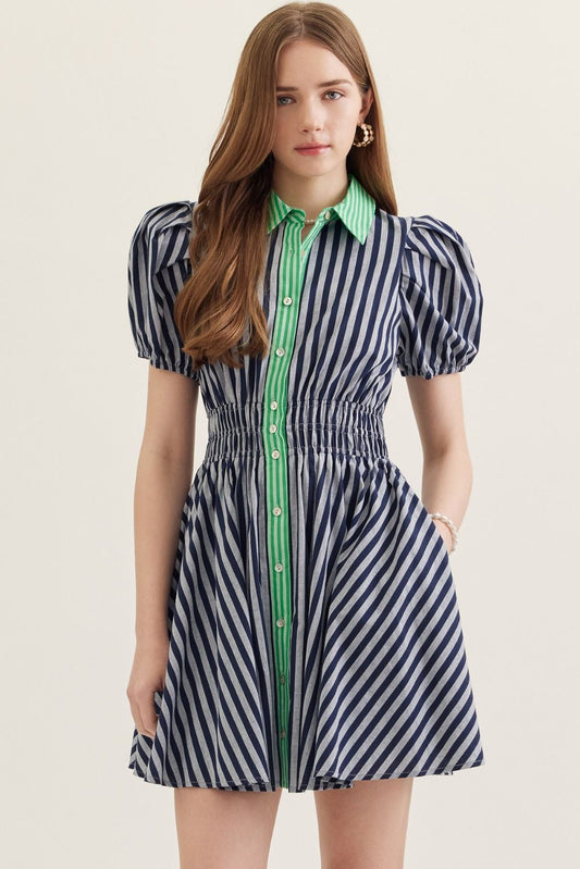 Navy Stripe Puff Sleeve Dress