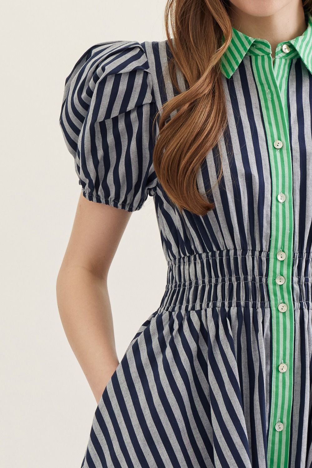 Navy Stripe Puff Sleeve Dress