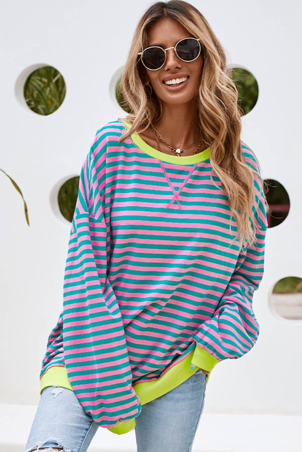 LDC Stripe Contrast Trim Oversized Pullover Sweatshirt