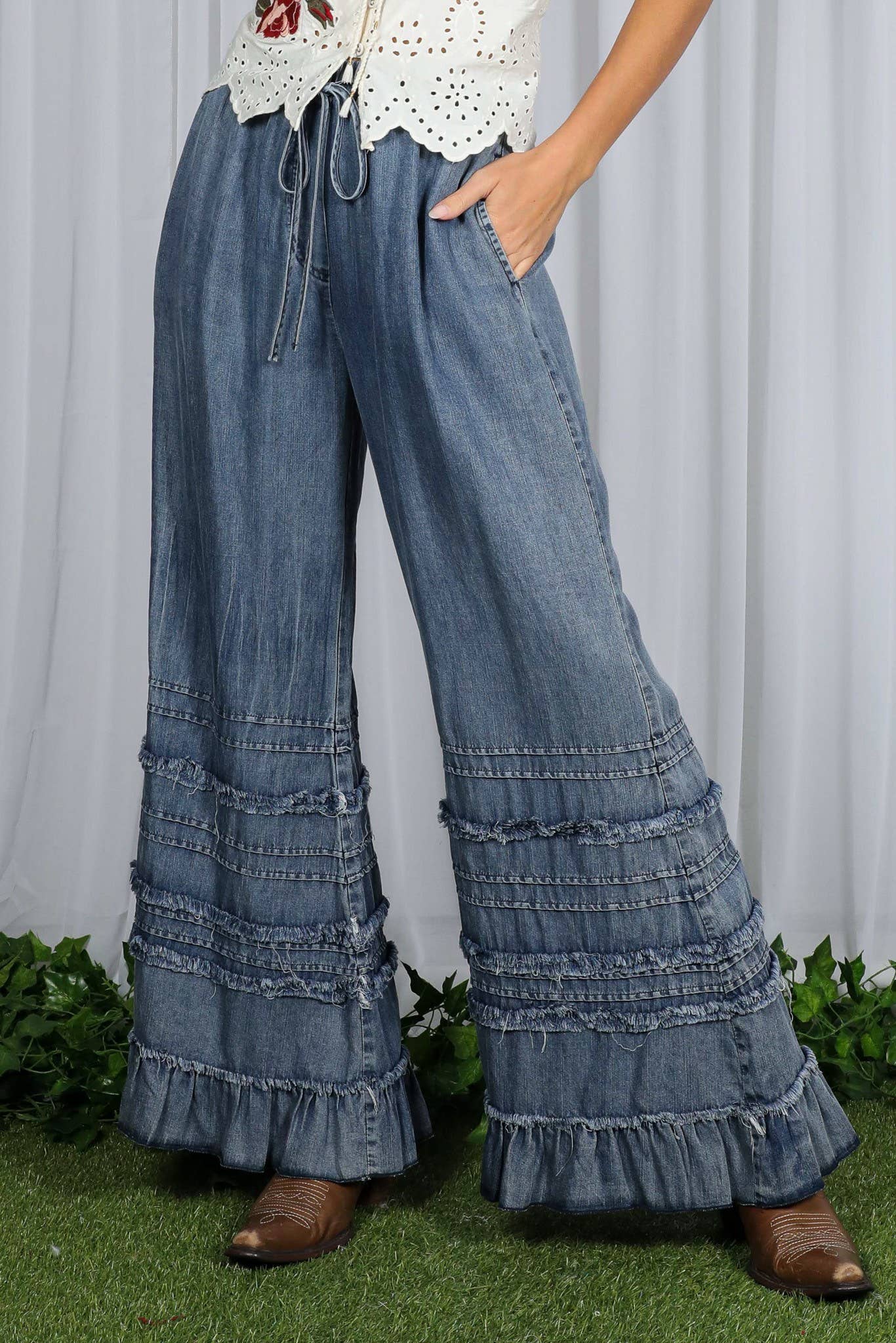 Ruffle Hem Chambray Pants
