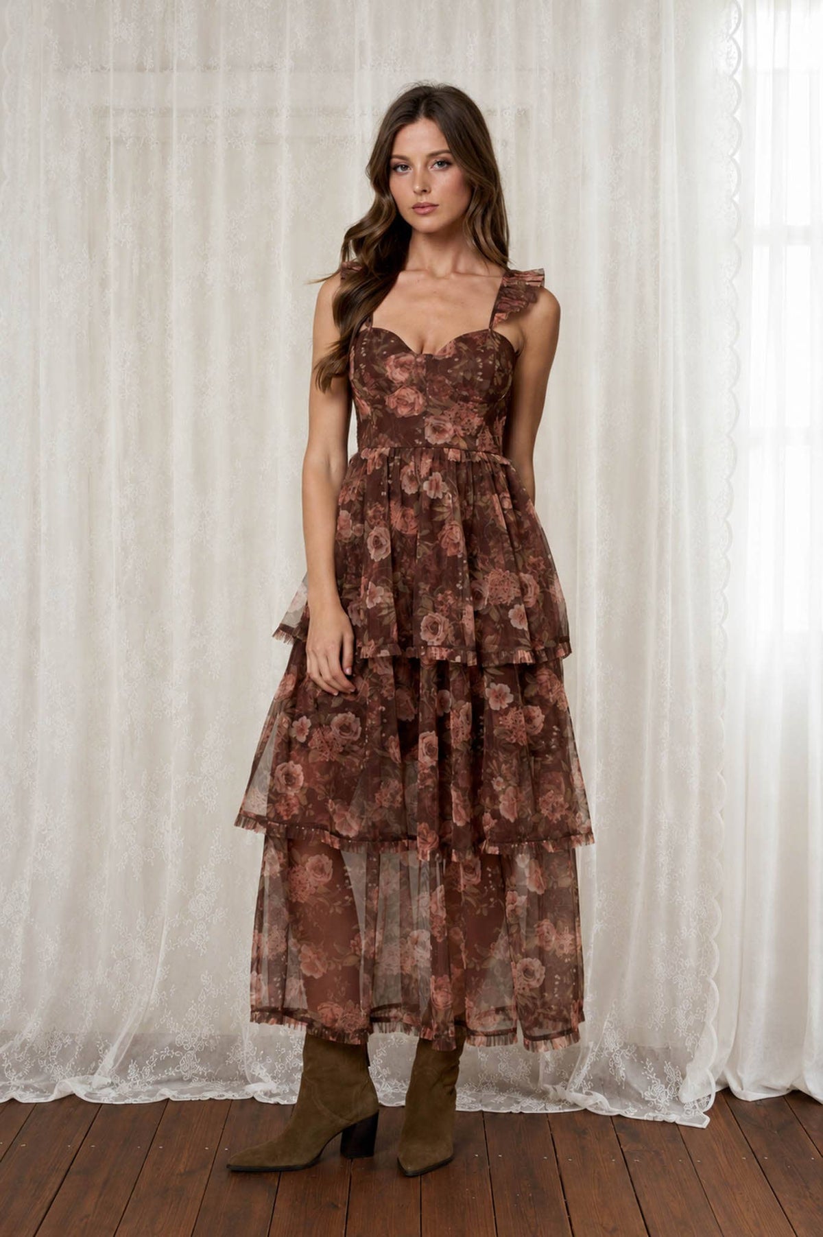 CHIFFON RUFFLE CORSET DRESS-BROWN