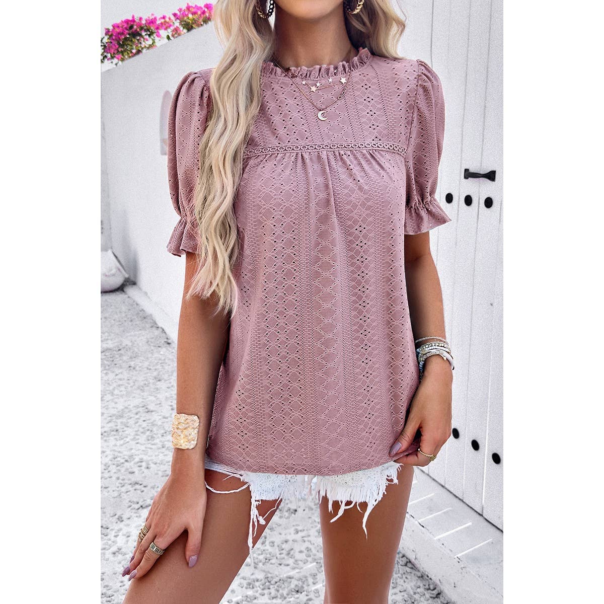 Lace Hollow Out Ruffle Loose Fit Blouse