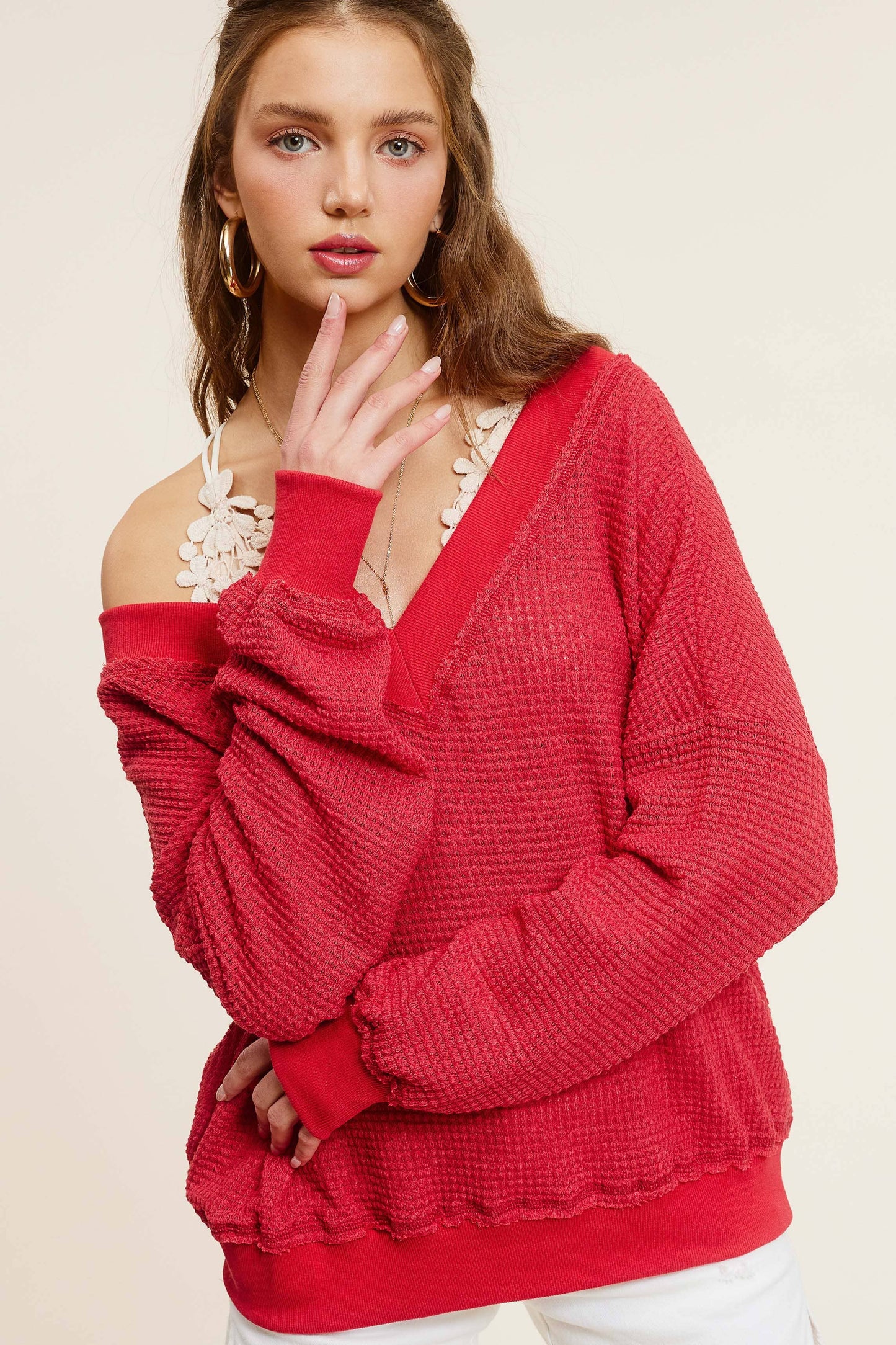 V-neck Waffle Long Sleeve Top