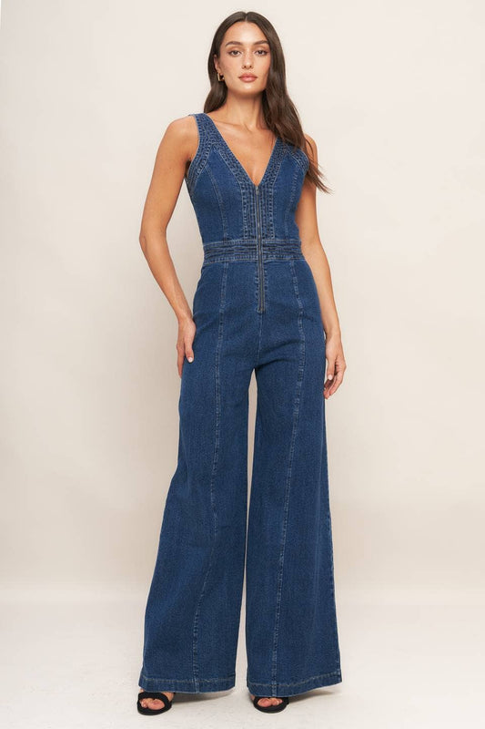 V Neck Denim Jumpsuit