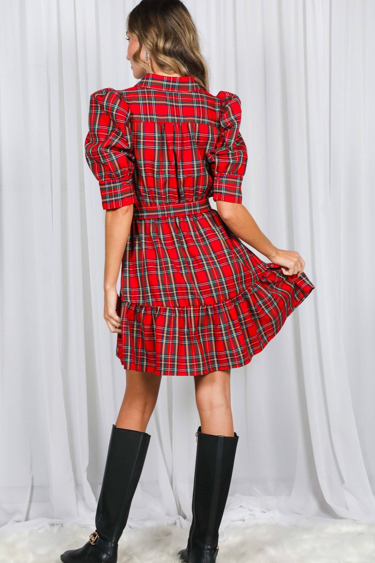 Plaid  Puff Sleeve Mini Dress