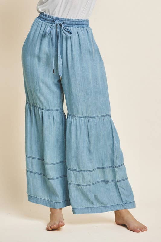 Washed Denim Wide Leg Pants