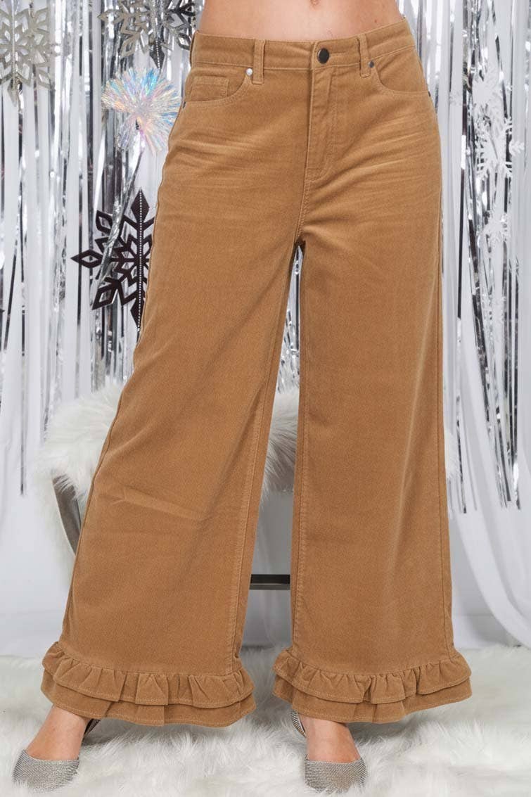 Corduroy Wide-Leg Ruffle Pants