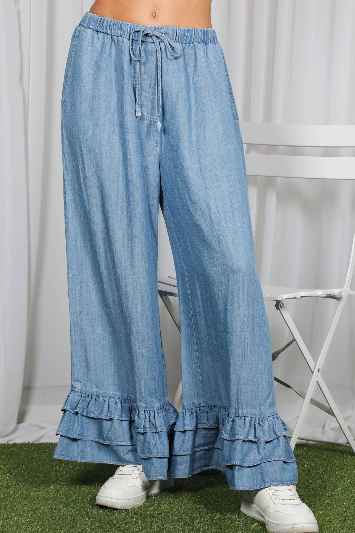 Ruffle Hem Chambray Pants
