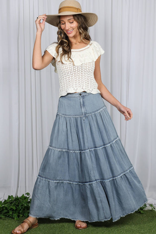 Tiered Denim Maxi Skirt