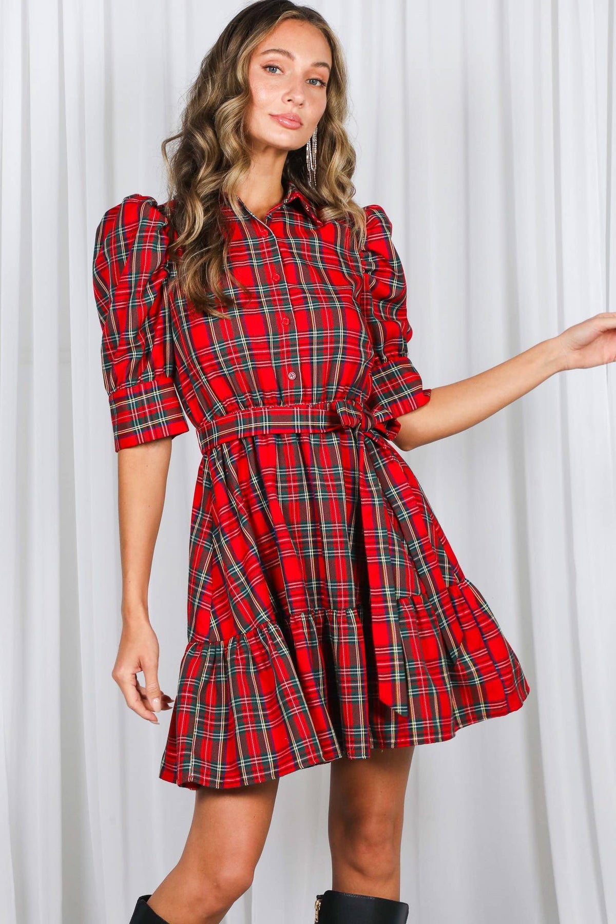 Plaid  Puff Sleeve Mini Dress