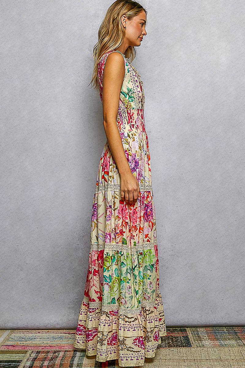 V-neck Smocked Floral Maxi Dress