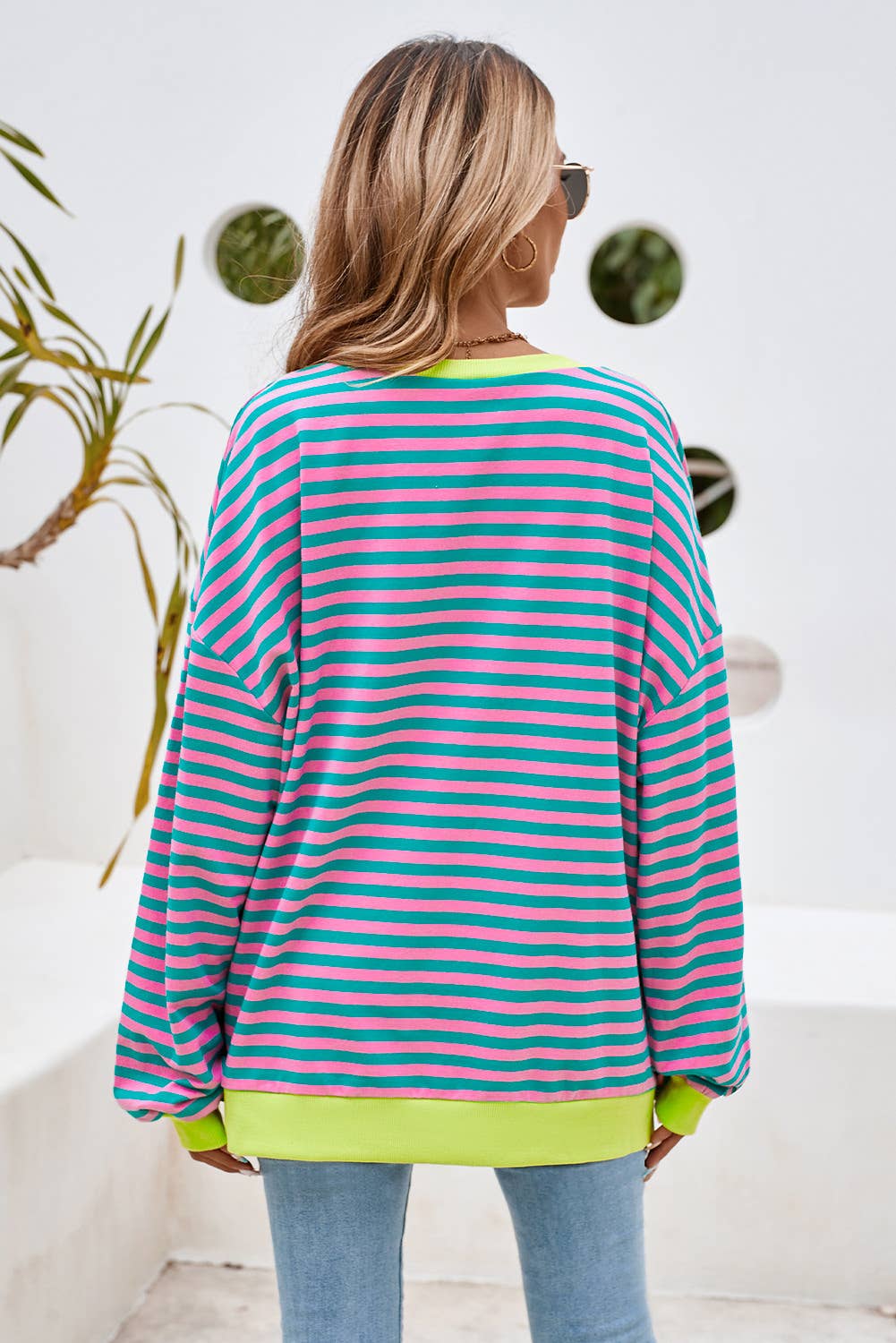 LDC Stripe Contrast Trim Oversized Pullover Sweatshirt