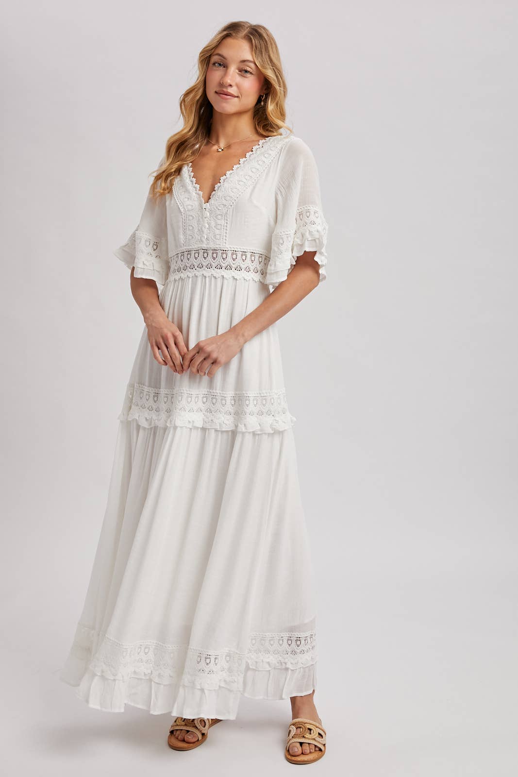 V-NECK LACE TRIM MAXI