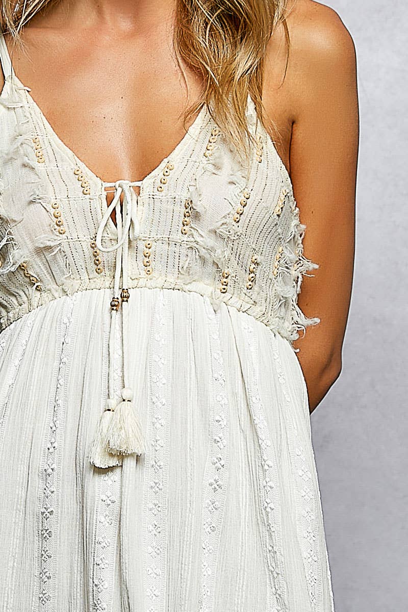 V-Neck Tassel Trim Smocked Dress